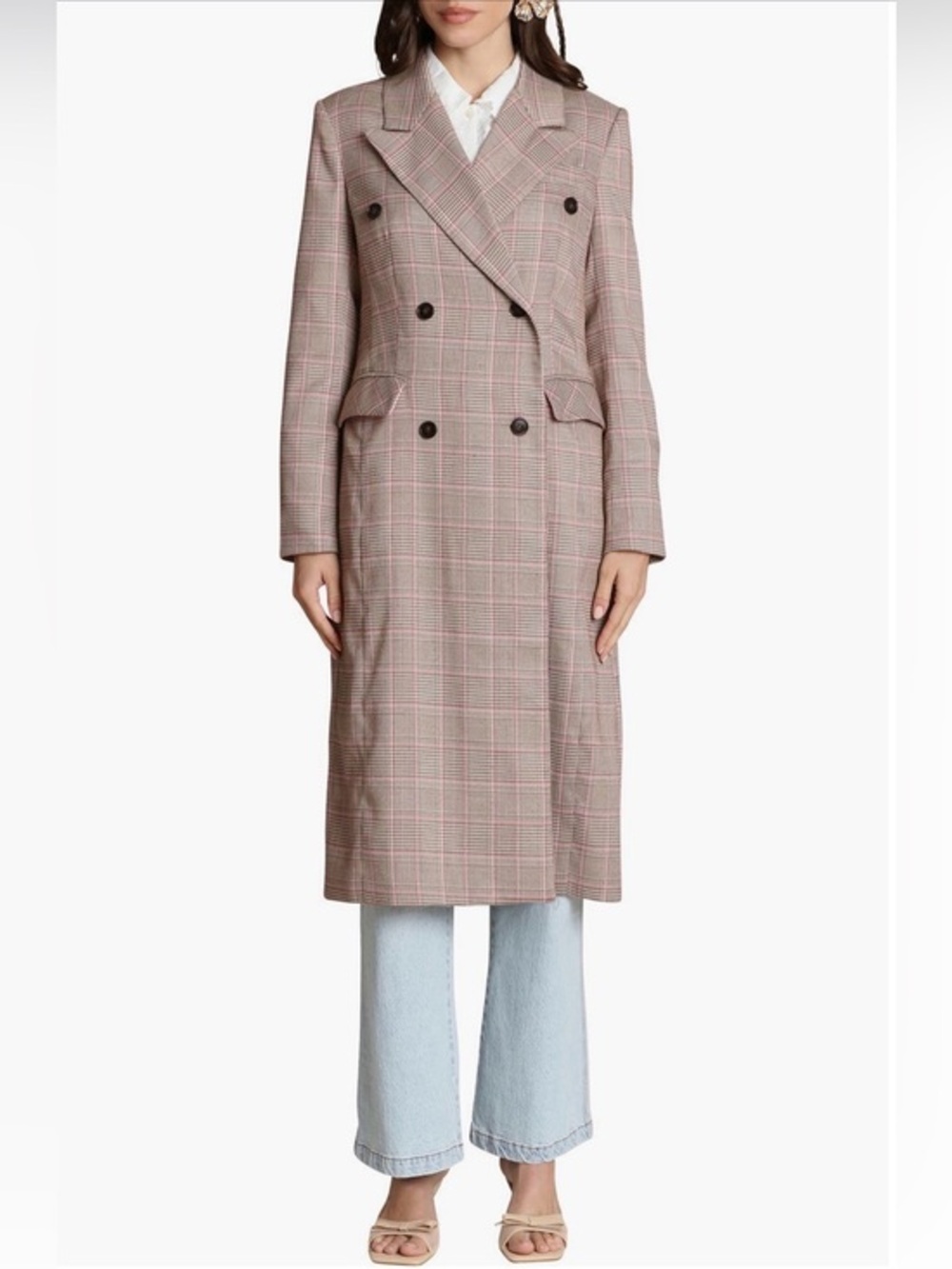 Double-Breasted Plaid Long Coat in Blush and Taupe